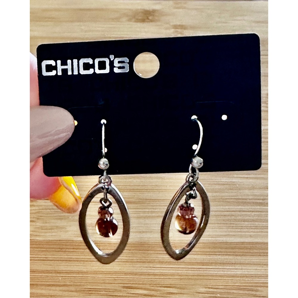 Chicos Lilybelle Silver Tone Oval Hoop Smoky Brown Beaded Drop Earrings NEW - Picture 2 of 8